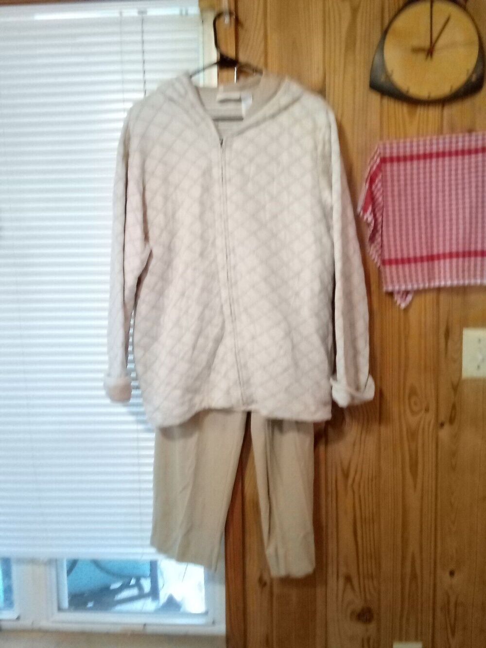 Liz Claiborne 3 Piece Travel Lounge L Jacket ,3/4 Sleeve Shirt & Tan Pant Set